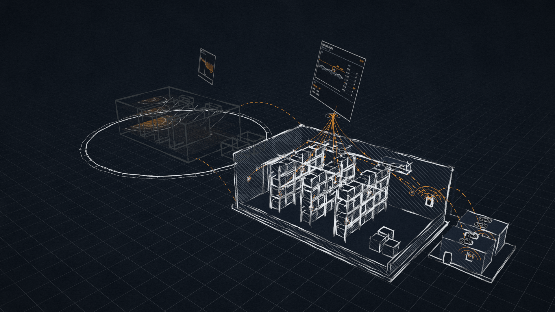 手繪技術草圖風格的冷凍倉儲 3D 總覽：剖面庫房、貨架、感測器資料流向雲端儀表板、AI 控制器以無線訊號連到室外機，左側為數位孿生複本